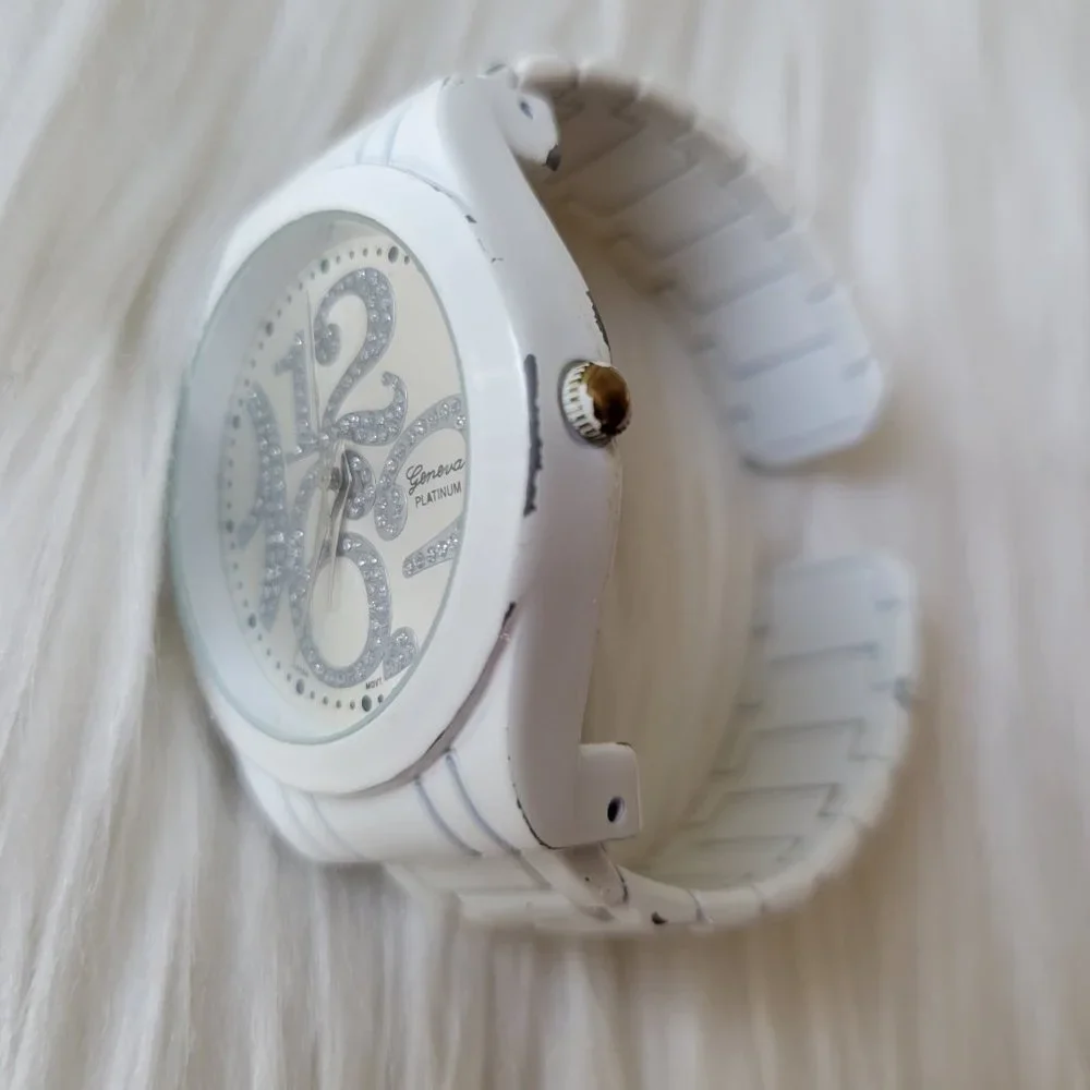Geneva Platinum Brand White Cuff Bracelet Watch